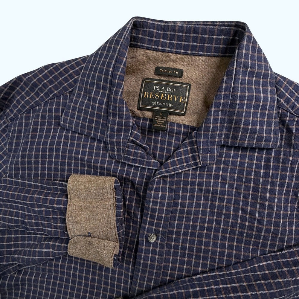 Jos. A. Bank Reserve Mens Large‎ Tailored Fit Cotton Cashmere Navy Grid Shirt